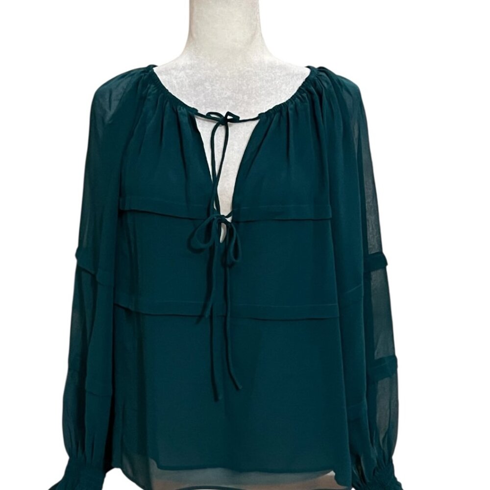Ann Taylor Emerald Green Chiffon Blouse Tie Front Ruffle Sleeve Women S NWT